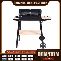 Barbecue à charbon de bois rectangulaire avec table latérale en bois, chariot de barbecue d'extérieur