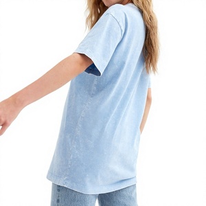 Women's <b>Light</b> Blue Oversized Fit 100% Cotton O-<b>Neck</b> Short Sleeve Acid Wash Streetwear Solid Jersey Knit Breathable T-Shirt - Product Image 2