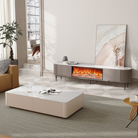 Meuble TV moderne avec cheminée intégrée pour salon, en marbre, bois de luxe et pierre frittée, avec foyer électrique
