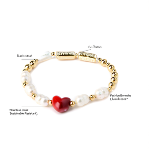 Fashion Beaded <b>Bracelet</b> With <b>Red</b> Heart And White Pearl Gold Plated Stainless Steel Sustainable Resistant Jewelry - Product Image 2