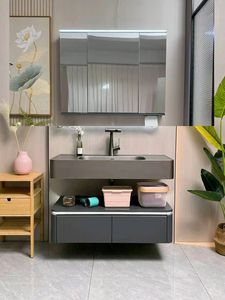 Black Matte Hanging <b>Bathroom</b> <b>Vanity</b> with LED Monochrome Light Strip Hanging Washbasin Double Drawer Design - Product Image 5