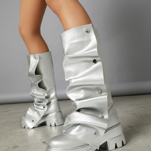 Bottes pliables à plateforme pour femme, talon épais, bout occidental, style mode, mi-mollet, légères, respirantes, rehaussantes, hiver, automne, printemps - Product Image 3