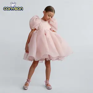 Conyson Fashion Mesh Girls Princess Vintage Tulle Puff Sleeve Pink Wedding Party Birthday Tutu Dress White For Girls