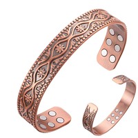 Gelang Tembaga Merah Murni 99,9% Magnetik, Ukiran Bunga Vintage, Model Terbuka, Unisex