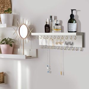 Porte-clés mural en bois à double couche, organisateur de rangement blanc pour clés, vêtements et sacs - Product Image 1