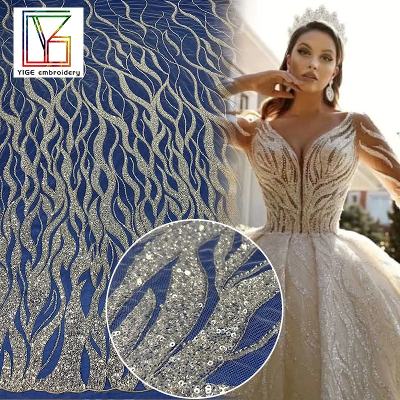 wholesale High-quality beaded white lace sparkle sequins women Wedding embroidery fabric african Dress Fabric