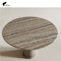 Tostone Table de salle à manger élégante ronde en travertin gris argent-Tables en pierre rondes à pieds coniques pour les salles à manger sophistiquées