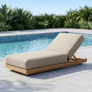 Chaise longue d'extérieur en teck rembourrée, lit de repos en bois pour patio, jardin, villa, bord de piscine - Product Image 1