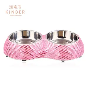 Hoge Klasse Bling Bling Sieraden Verfraaid Hond Water Bowls Reizen Rvs Pet Voederen Kom