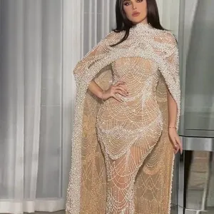奢华珍珠迪拜香槟晚礼服配披肩2023新款阿拉伯女性美人鱼婚礼派对舞会礼服