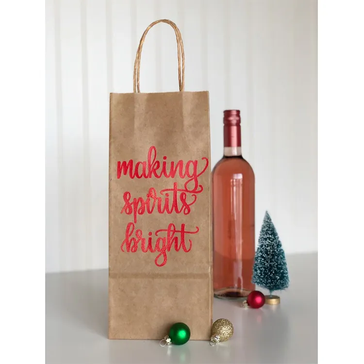 Wholesale customized eco friendly christmas gift champagne beer liquor bottle packaging brown kraft paper wine bags with handle