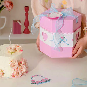 Boîte à gâteau en papier hexagonale rose romantique de 8 pouces, lot de 2, 8x8x8,5 pouces, porte-gâteaux/contenants pour gâteaux d'anniversaire, laminage mat, <span class=keywords><strong>sushi</strong></span> - Product Image 3