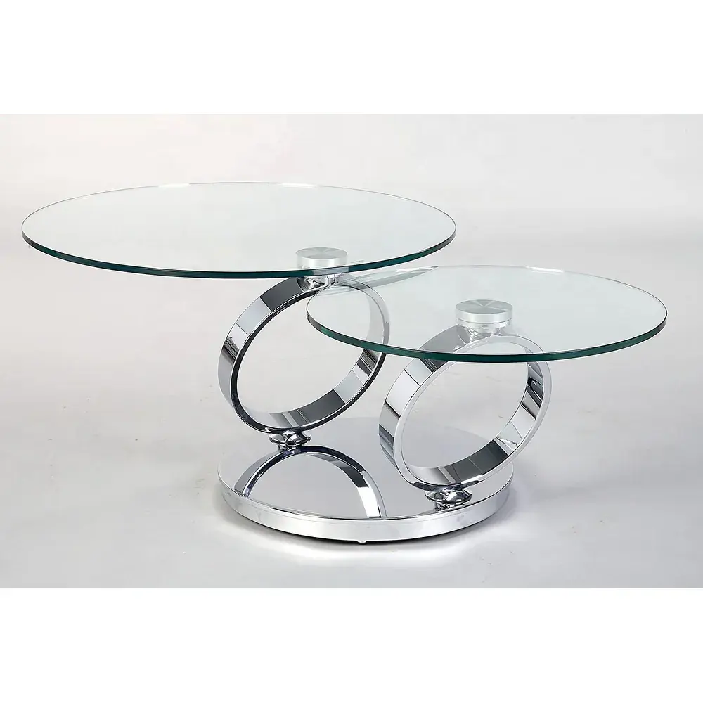 Rotating Adjustable Round Glass Coffee Table with Stainless Steel Base