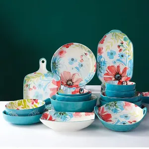 Juego de vajilla decorativa de cerámica para cocina, juego de platos y platos con diseño de flores, venta al por mayor de China