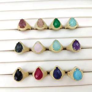 2023 Natural stone adjustable rings claw setting 18k gold plated ring jewelry fashion water drop shaped crystal rings wholesale