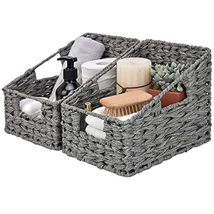 Modern Gray Rectangle Woven Paper Storage <b>Baskets</b> Set 2-Pack Space-Saving Organizer Bins Handles Bathroom Bedroom Home - Product Image 1