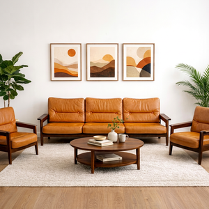 Luxury Tan Leather <b>Sofa</b> Three Seater Modern <b>Wooden</b> <b>Frame</b> Cushioned Seats Premium Living Room Furniture Eco-Friendly Transitional - Product Image 1