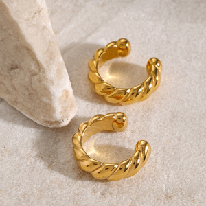 Stainless Steel Round Thread Clip On <b>Earrings</b> 18k Gold Plated Geometric Design Fashion Hoop <b>Earrings</b> - Product Image 2