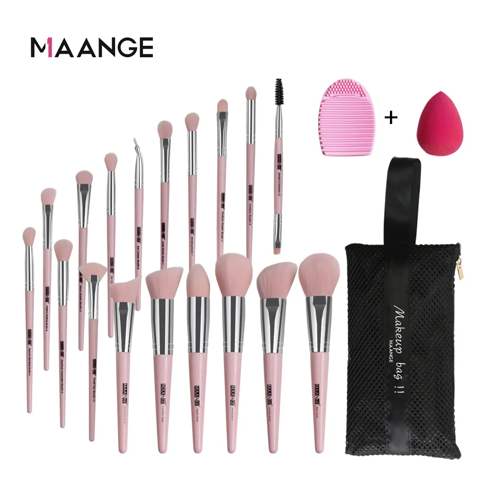 Maange High Quality professional custom wholesale 18 pcs plastic handle makeup brush set with brush bag