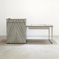 Table de présentation de bijoux à motif pierre minimaliste, ensemble de comptoir de réception de luxe avec plateau en verre pour boutique de montres haut de gamme