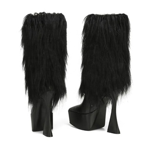 Botines de Tacón Alto con Peluche Negro, Moda 2023, Botas de Media Pierna para Mujer, Punta Puntiaguda, Plataforma Gruesa - Product Image 2