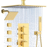 HOMEDEC Système de douche mural et de plafond 10 po avec tête de douche 6 po, mitigeur thermostatique 4 voies, 4 jets latéraux, finition or brossé