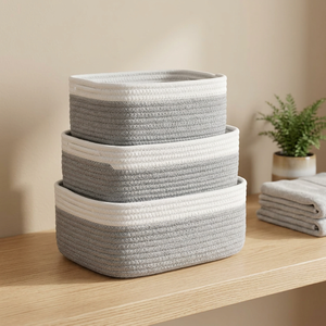 Modern Cotton Rope Storage <b>Baskets</b> Rectangle <b>Stackable</b> Nordic Style Multi-Purpose Neatening Organizers Gray White - Product Image 2