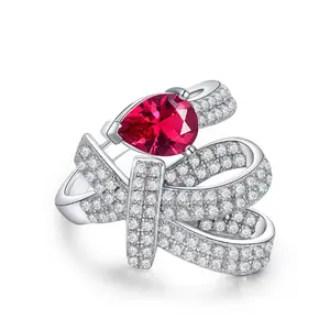 Popular Water Drop Shape Ruby Women's Luxury Inlaid High Carbon Diamond S925 Silver Bow Series Ring