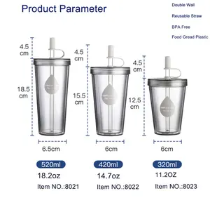 Gobelet à boisson réutilisable personnalisé en usine de plastique Tasse sans BPA avec couvercle en paille Tasse à jus isolée à double paroi pour filles