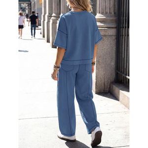 Fisoew Womens 2 Piece Lounge <b>Set</b> Short Sleeve Top Wide Leg Pants Casual Matching Outfit All Seasons Breathable <b>Knitted</b> Wear - Product Image 3