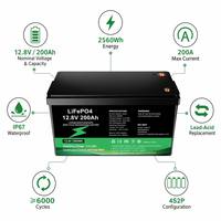 Batterie LiFePO4 à semi-conducteurs 12,8 V 200 Ah 2,56 kWh, remplacement de batterie plomb-acide à décharge profonde, IP68, BMS 50 A avec écran LCD, 6000+ cycles