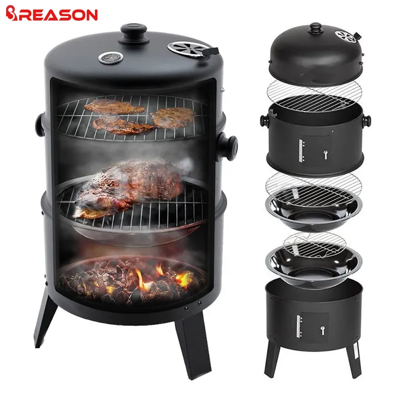 Hot Sale 3 in 1 Smokeless Charcoal Barbecue Grill Smoker 3 layers Tower Vertical Barrel Charcoal BBQ Grill