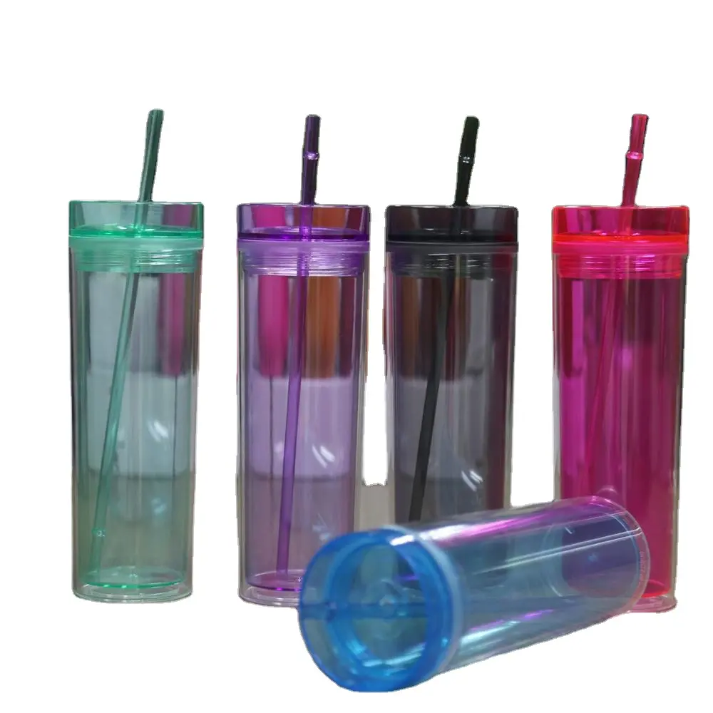 Venta al por mayor 16 oz reutilizable de plástico acrílico taza de agua muñeca de plástico de pared de viaje portátil taza con paja tapa