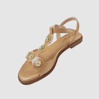 Sandales plates tendance pour femmes à bout ouvert avec fleurs métalliques et bride en T, boucle réglable, chaussures souples à bout rond pour l'été