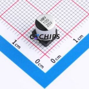 Condensateur électrolytique hybride solide-liquide en aluminium SMD, 118EC450, D6.3xL7.7mm, 100uF, 20%, 25V, 2.1A-100kHz - Product Image 1