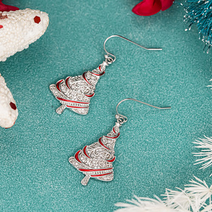 Boucles d'oreilles pendantes en émail rouge pailleté en forme de sapin de Noël pour femmes, bijoux de mode festifs - Product Image 5