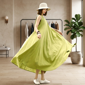 Organic Linen Bell Sleeve V-Neck Midi <b>Dress</b> with Bow Side Pockets Breathable Plain Dyed <b>Loose</b> Fit Women Vintage Daily Plus Size - Product Image 3