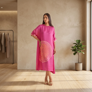 Label By Ritika Luhadia Pink Cotton Midi <b>Dress</b> <b>Women</b> Three Quarter Sleeve Ethnic Print Casual Tunic - Product Image 1