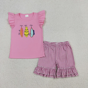 Conjuntos de verano para niños y niñas, camiseta de manga corta con bordado de cebo de pescado y pantalones cortos a cuadros, conjunto de ropa de 2 piezas, ropa para hermanos - Product Image 4