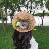 Topi Rumput Alami Anyaman Tangan Musim Panas, Pelindung Matahari Pantai, Dapat Dilipat, Hiasan Bunga, Lingkar Kepala 48-50cm, Langsung dari Pabrik