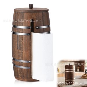 TradeLink Wooden Barrel Tissue Holder Round Brown Free <b>Standing</b> Paper Dispenser <b>Desktop</b> Storage Rack - Product Image 1