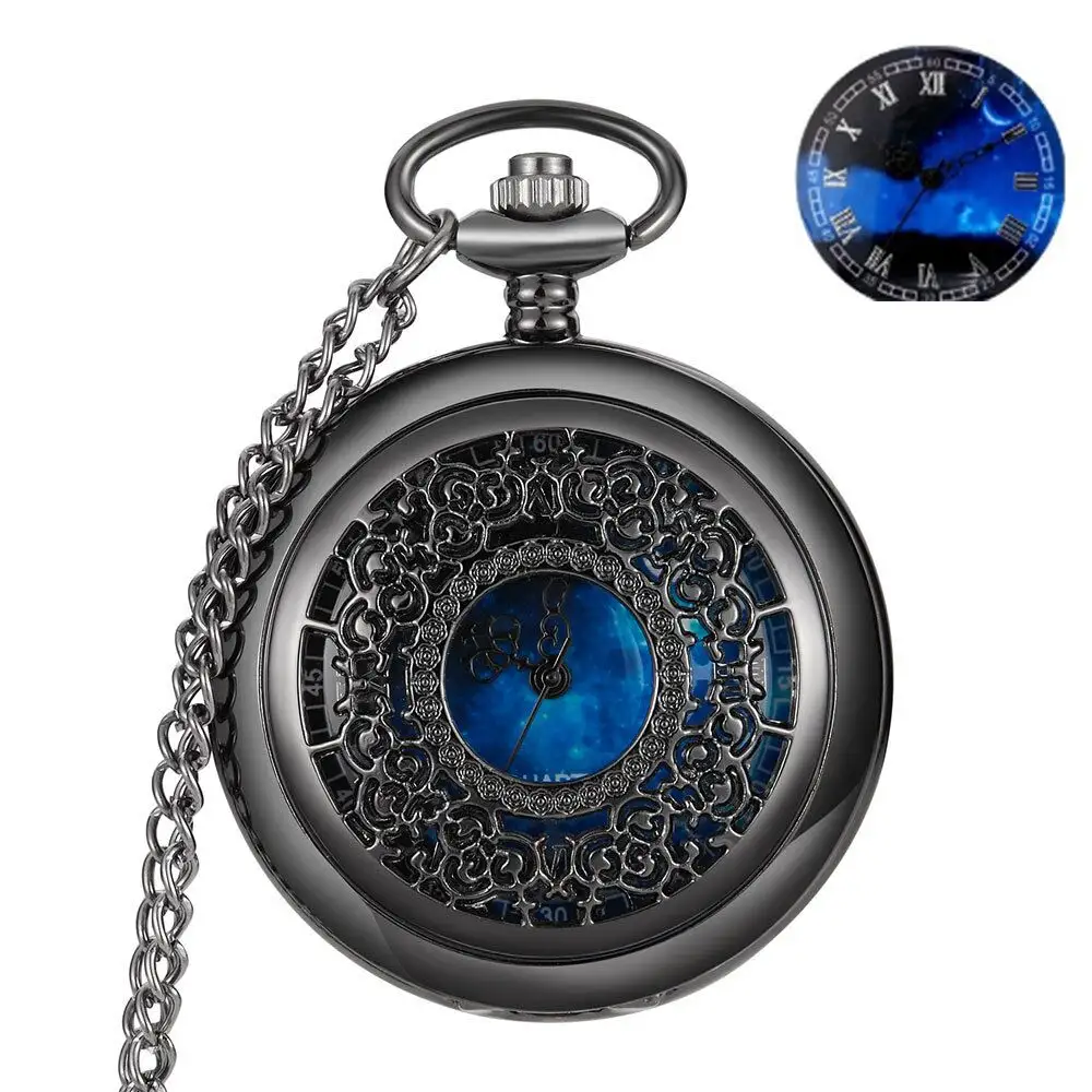 Пользовательские синий звездное небо циферблат черный и серебристый цельный кварцевые карманные часы Современные 2024