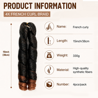 Vente en gros de 4x extensions de cheveux synthétiques pour tresses françaises bouclées, 15 pouces, ombrées, pour tresses au crochet