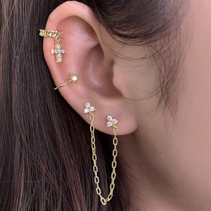 Women Ear Stacking Fashion 18K Gold Plated Cz Delicate Long <b>Chains</b> Twinkling Studs Earrings - Product Image 1