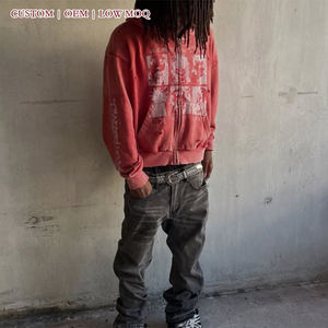 Sweat à capuche zippé personnalisé, style vintage délavé et vieilli, imprimé graphique, streetwear, coupe oversize, OEM, faible MOQ - Product Image 5