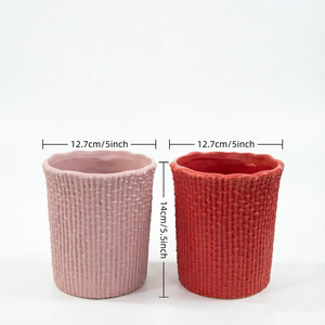 Élégants pots de fleurs en céramique rouge et rose tressés en rotin pour la décoration intérieure et extérieure, la maison, le bureau, l'hôtel - Product Image 2
