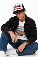 Topi Trucker Slogan Impian Realitas Kustom Warna Krem Hitam Jaring Dua Warna Patch Bintang Bordir 3D