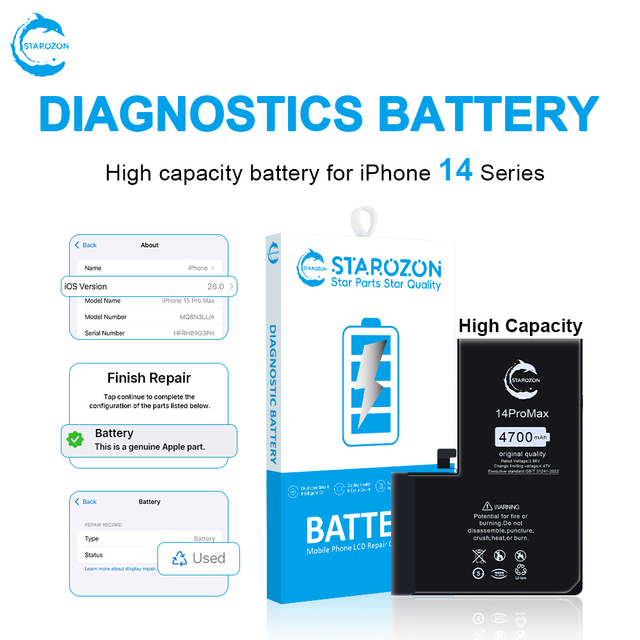 STAROZON Long Life Battery for iPhone 14 Plus Pro Max Diagnostic Show Used Plug and Play High Capacity Battery
