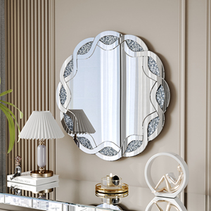 <b>Silver</b> Crush Diamond Round Wall <b>Mirror</b> 31.5 Inch Wave Frame Decorative <b>Mirror</b> for Living Room Bathroom Bedroom Hallway - Product Image 3