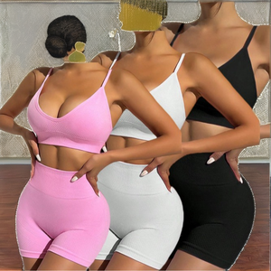 Seamless Solid Eco-Friendly Quick Dry Yoga Set Gym Suits Shorts Crop Top Sport Bra Women's Front Backless 2-Piece Set Running - Product Image 2